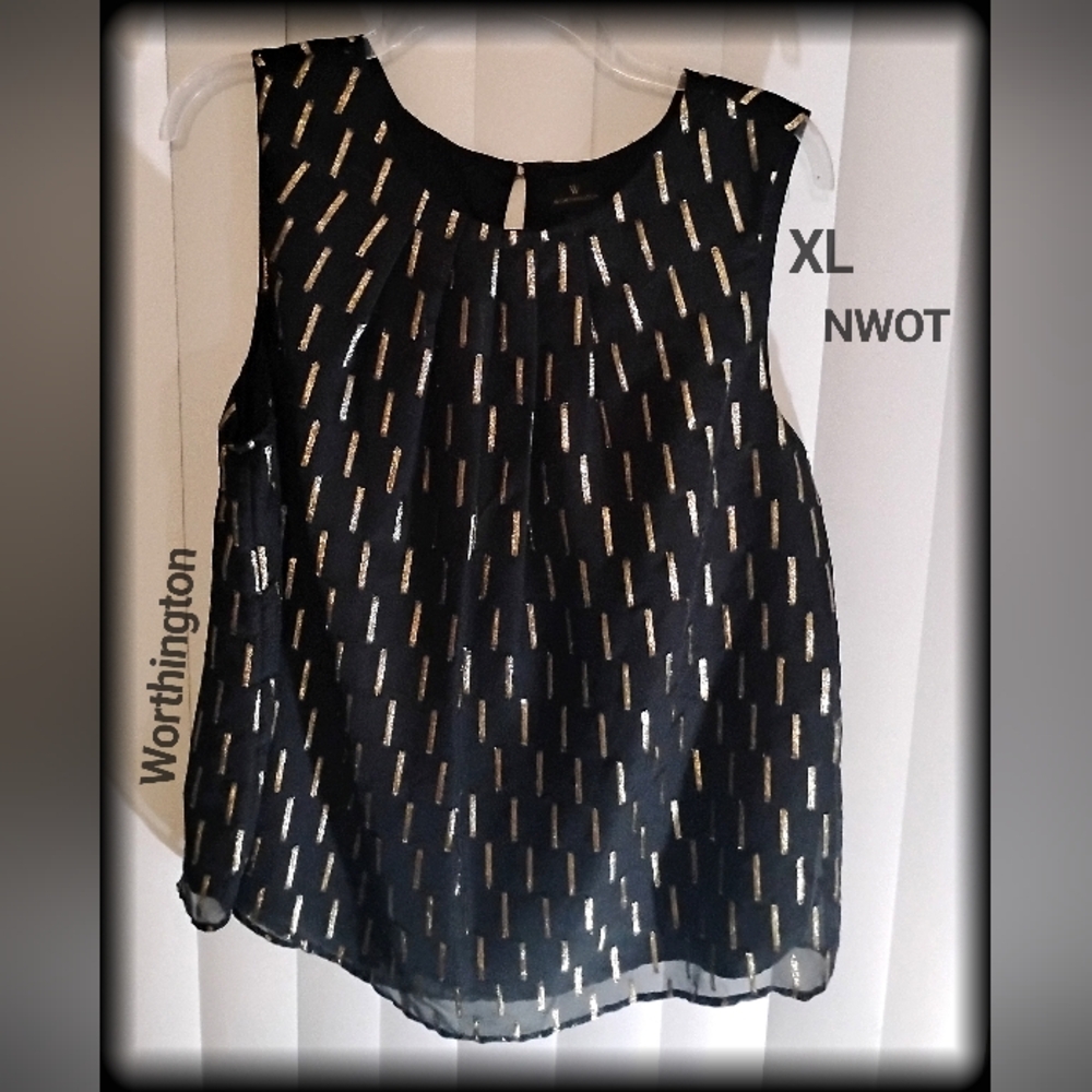 WORTHINGTON XL gorgeous black w gold & silver metallic Lined Blouse NWOT